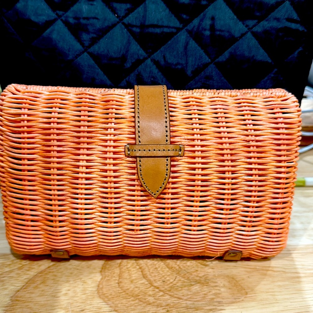 J Crew coral wicker clutch